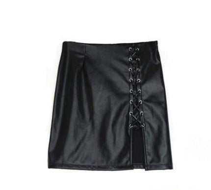 Black Lace-Up PU Leather Skirts