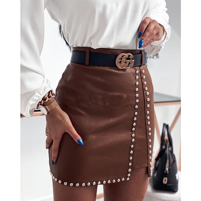 Elegant Fashion Rivets PU Leather Skirts for Women