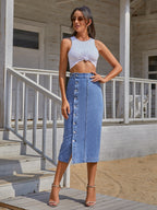 Button Irregular Slit Denim High Waist Skirt