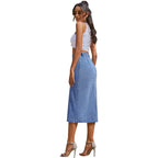 Button Irregular Slit Denim High Waist Skirt