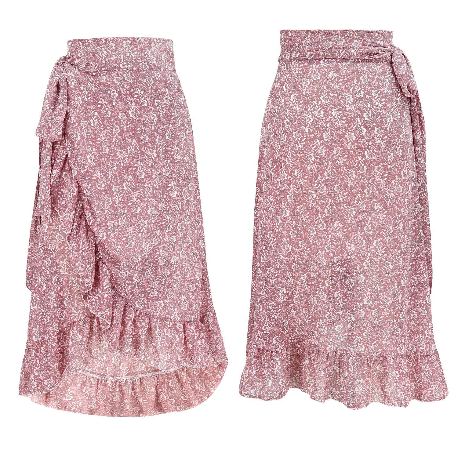 Women's High Waist Fashion Long Black Knotted Tied Wrap Floral Ruffle Chiffon A-Line Split Skirt Spring Summer Clothes