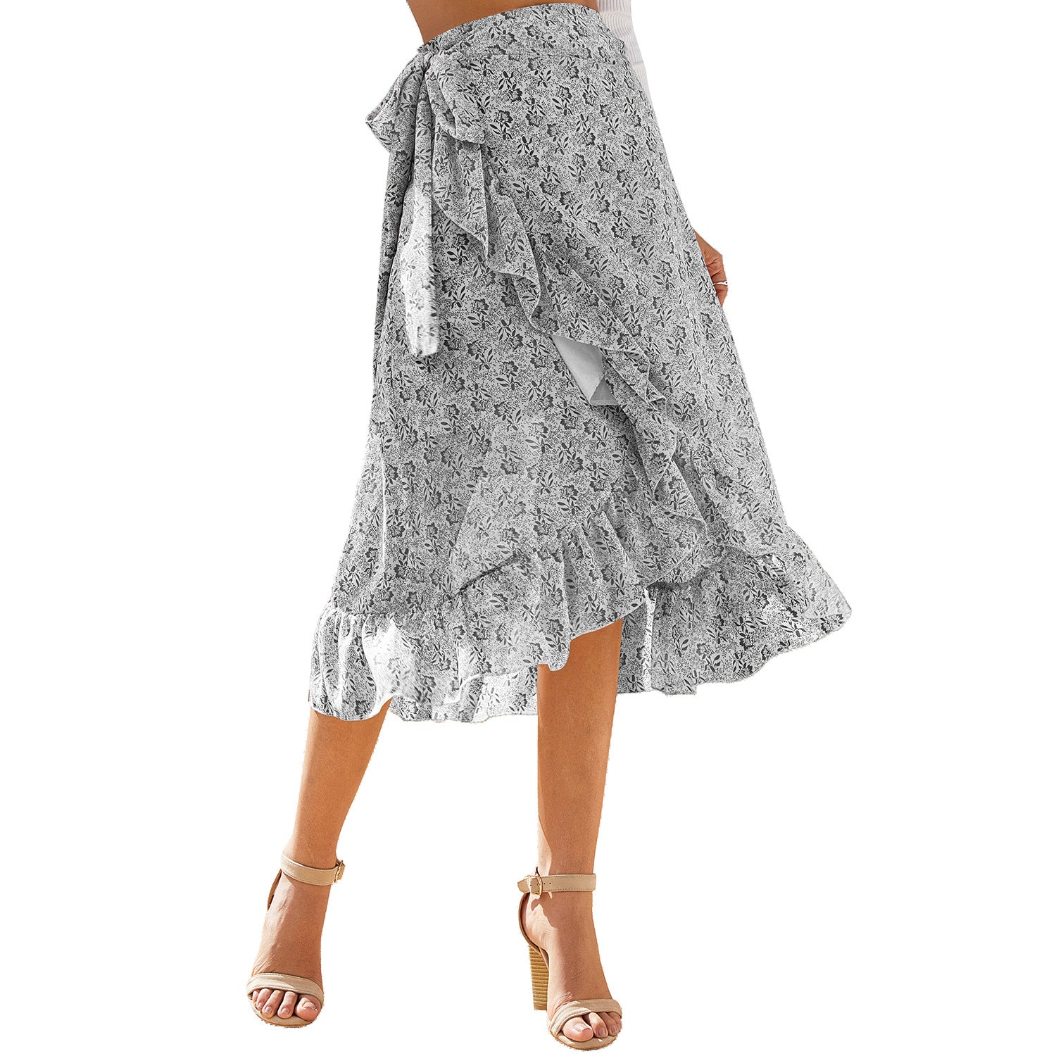 Women's High Waist Fashion Long Black Knotted Tied Wrap Floral Ruffle Chiffon A-Line Split Skirt Spring Summer Clothes