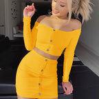 Fashion Trend Women's Sexy Off-Shoulder Set Solid Button Bodycon 2 Pcs Sets Women Long Sleeve Top And Skirt Summer Autumn Sets