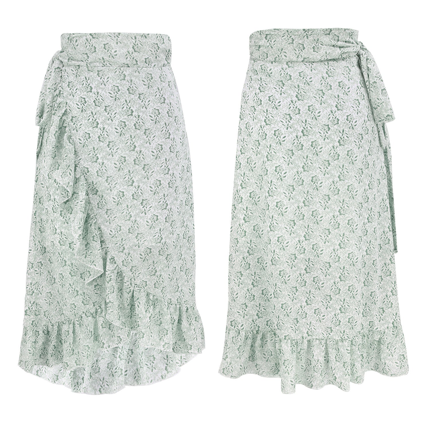 Women's High Waist Fashion Long Black Knotted Tied Wrap Floral Ruffle Chiffon A-Line Split Skirt Spring Summer Clothes
