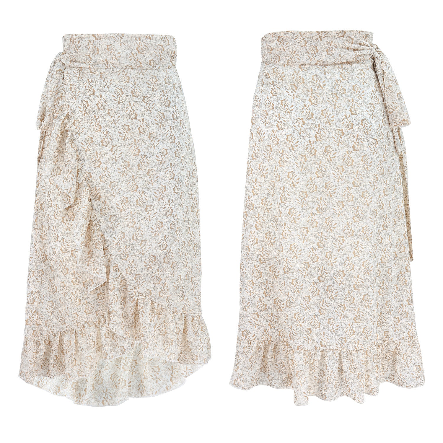 Women's High Waist Fashion Long Black Knotted Tied Wrap Floral Ruffle Chiffon A-Line Split Skirt Spring Summer Clothes